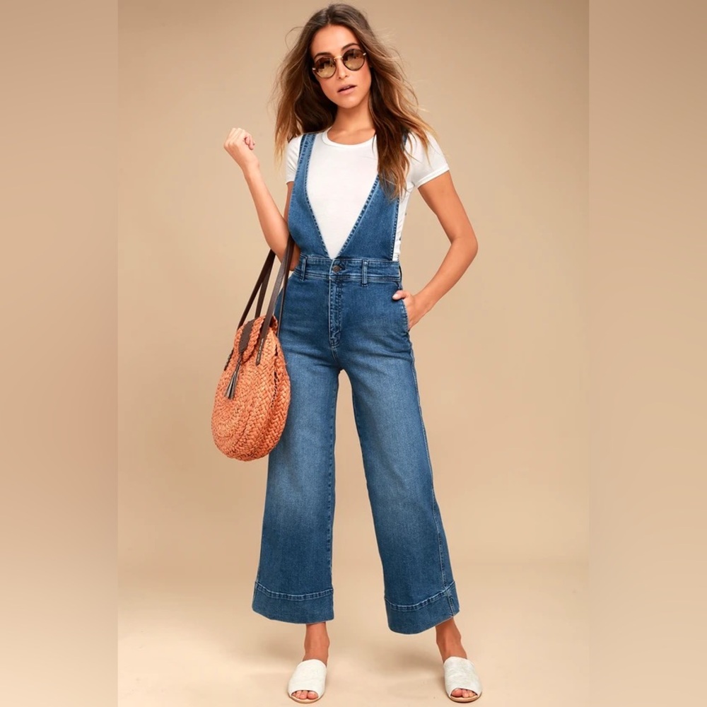 Free People A-Line Deep V Wide Leg Denim Overalls
